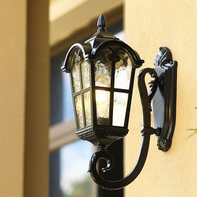 Traditional European Quadrilateral Lace Aluminum Printed Glass 1-Light Outdoor Wall Sconce Lamp For Garden