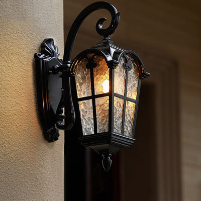 Traditional European Quadrilateral Lace Aluminum Printed Glass 1-Light Outdoor Wall Sconce Lamp For Garden