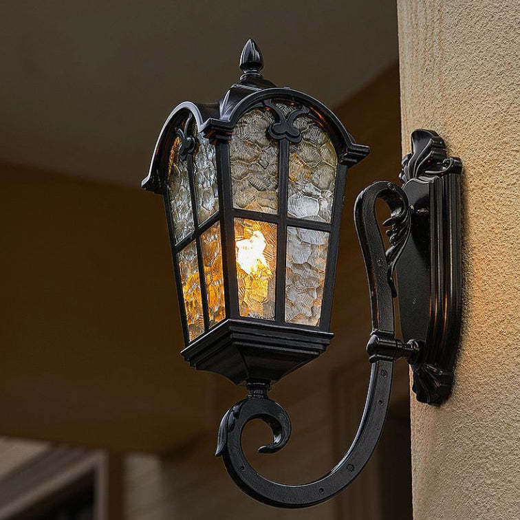 Traditional European Quadrilateral Lace Aluminum Printed Glass 1-Light Outdoor Wall Sconce Lamp For Garden