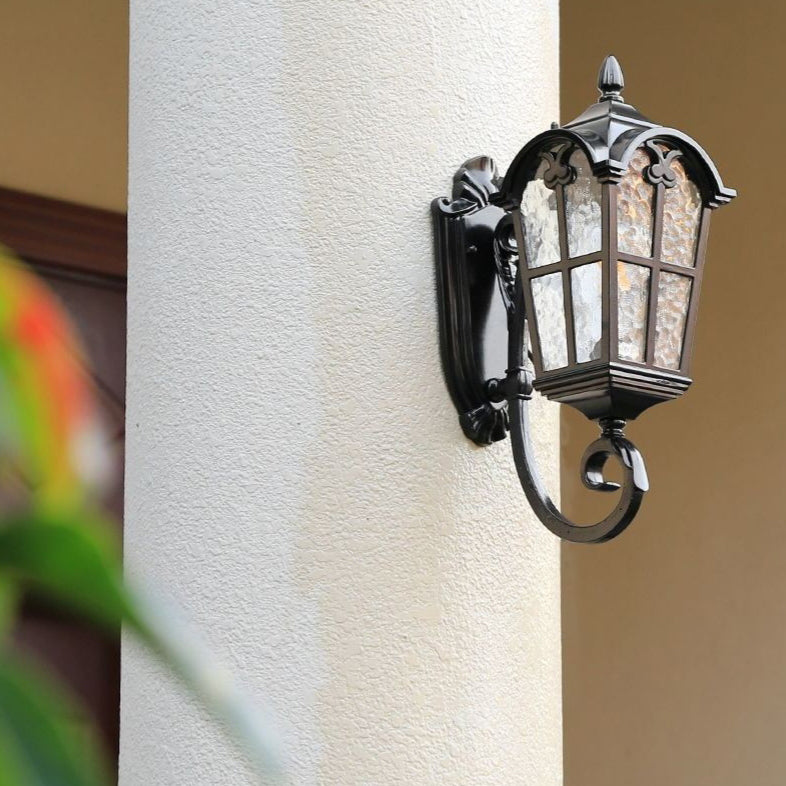 Traditional European Quadrilateral Lace Aluminum Printed Glass 1-Light Outdoor Wall Sconce Lamp For Garden