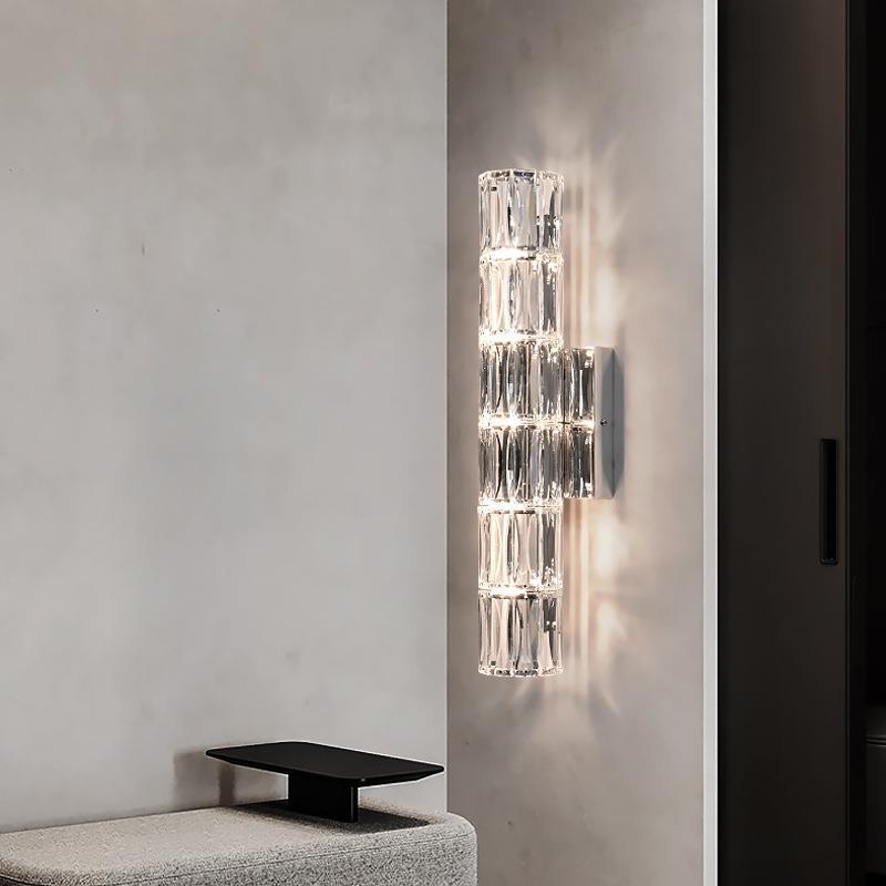 Modern Minimalist Cylindrical Stainless Steel Crystal 2/3/4/6 Light Wall Sconce Lamp For Living Room