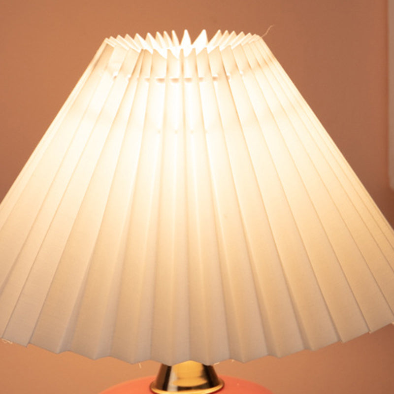 Modern Art Deco Round Ceramic Base Pleated Fabric Shade 1-Light Table Lamp For Bedroom