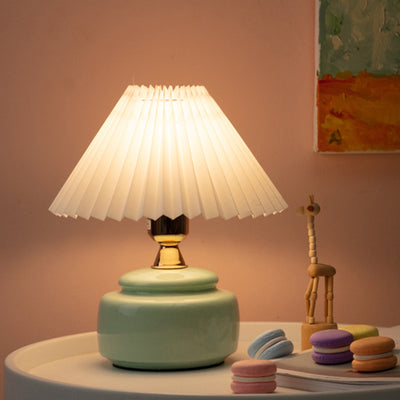 Modern Art Deco Round Ceramic Base Pleated Fabric Shade 1-Light Table Lamp For Bedroom