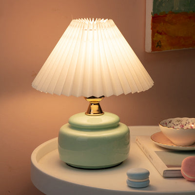 Modern Art Deco Round Ceramic Base Pleated Fabric Shade 1-Light Table Lamp For Bedroom