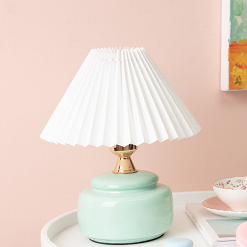 Modern Art Deco Round Ceramic Base Pleated Fabric Shade 1-Light Table Lamp For Bedroom