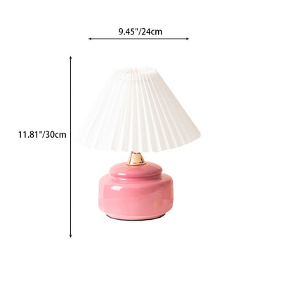 Modern Art Deco Round Ceramic Base Pleated Fabric Shade 1-Light Table Lamp For Bedroom