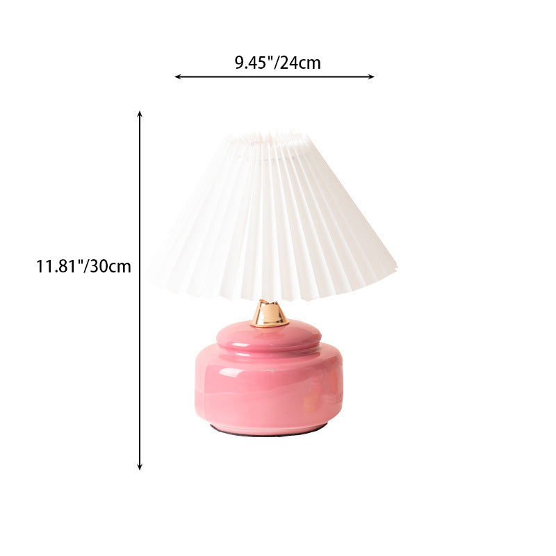 Modern Art Deco Round Ceramic Base Pleated Fabric Shade 1-Light Table Lamp For Bedroom