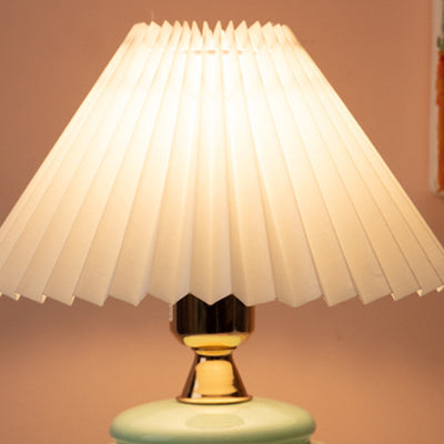 Modern Art Deco Round Ceramic Base Pleated Fabric Shade 1-Light Table Lamp For Bedroom