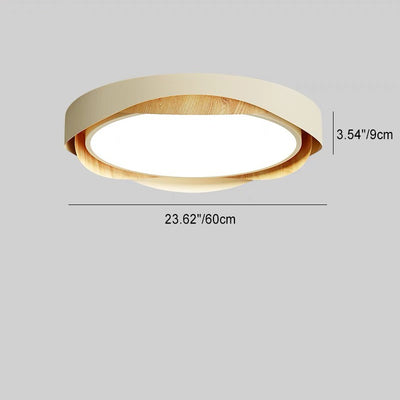 Contemporary Retro Round Wood Grain Iron Frame Acrylic Shade LED Flush Mount Ceiling Light For Bedroom