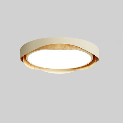 Contemporary Retro Round Wood Grain Iron Frame Acrylic Shade LED Flush Mount Ceiling Light For Bedroom