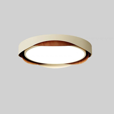 Contemporary Retro Round Wood Grain Iron Frame Acrylic Shade LED Flush Mount Ceiling Light For Bedroom