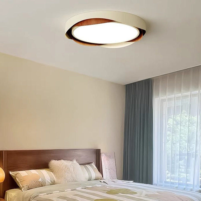 Contemporary Retro Round Wood Grain Iron Frame Acrylic Shade LED Flush Mount Ceiling Light For Bedroom