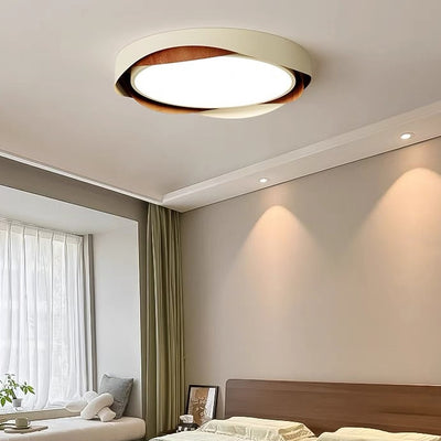 Contemporary Retro Round Wood Grain Iron Frame Acrylic Shade LED Flush Mount Ceiling Light For Bedroom