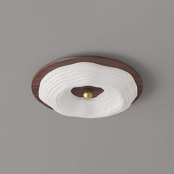 Contemporary Retro Round Cloudy Iron Solid Wood PE Shade LED Flush Mount Ceiling Light For Bedroom