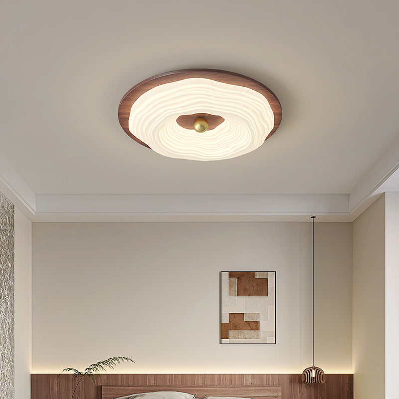 Contemporary Retro Round Cloudy Iron Solid Wood PE Shade LED Flush Mount Ceiling Light For Bedroom