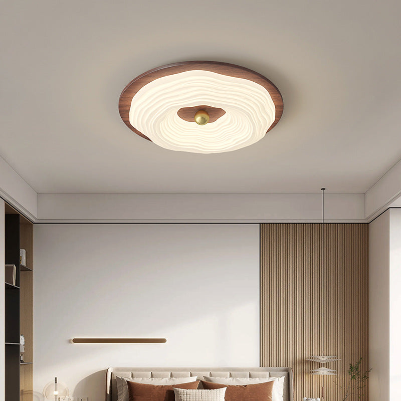 Contemporary Retro Round Cloudy Iron Solid Wood PE Shade LED Flush Mount Ceiling Light For Bedroom