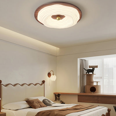 Contemporary Retro Round Cloudy Iron Solid Wood PE Shade LED Flush Mount Ceiling Light For Bedroom