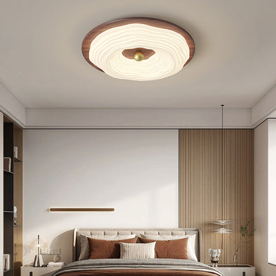 Contemporary Retro Round Cloudy Iron Solid Wood PE Shade LED Flush Mount Ceiling Light For Bedroom