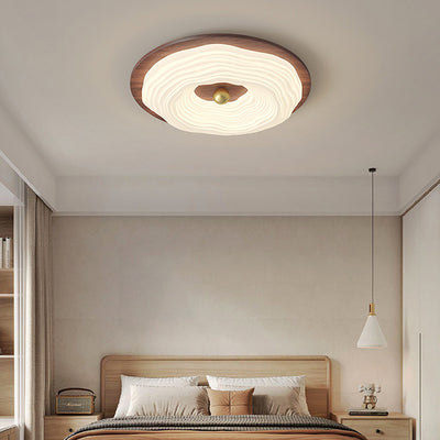 Contemporary Retro Round Cloudy Iron Solid Wood PE Shade LED Flush Mount Ceiling Light For Bedroom