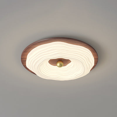 Contemporary Retro Round Cloudy Iron Solid Wood PE Shade LED Flush Mount Ceiling Light For Bedroom