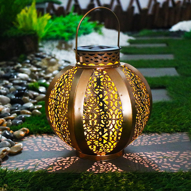 Modern Art Deco Solar Waterproof Hexagonal Round Lantern Iron LED Outdoor Light For Garden