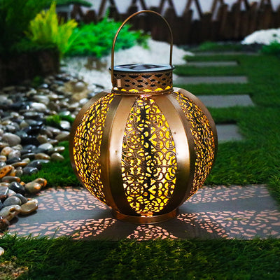 Modern Art Deco Solar Waterproof Hexagonal Round Lantern Iron LED Outdoor Light For Garden