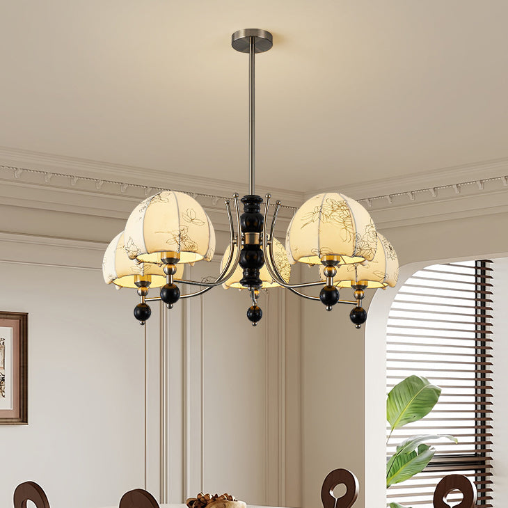 Traditional French Branch Curved Rod Dome Rubber Wood Iron Frame Fabric Shade 3/5/6/8 Light Chandelier For Living Room