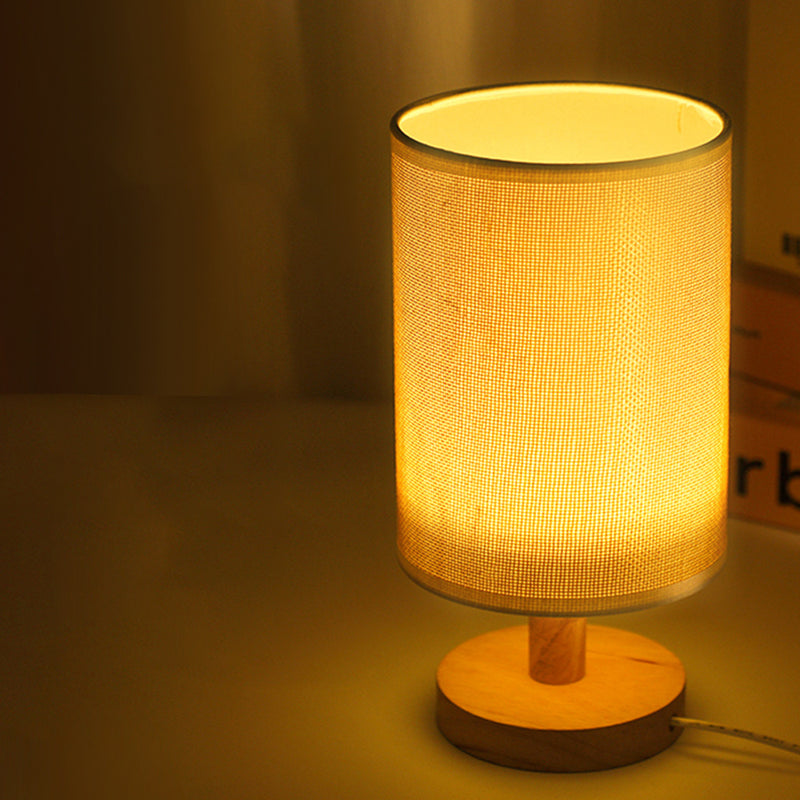 Modern Art Deco Cylindrical Wooden Base Fabric Shade LED Table Lamp For Bedroom