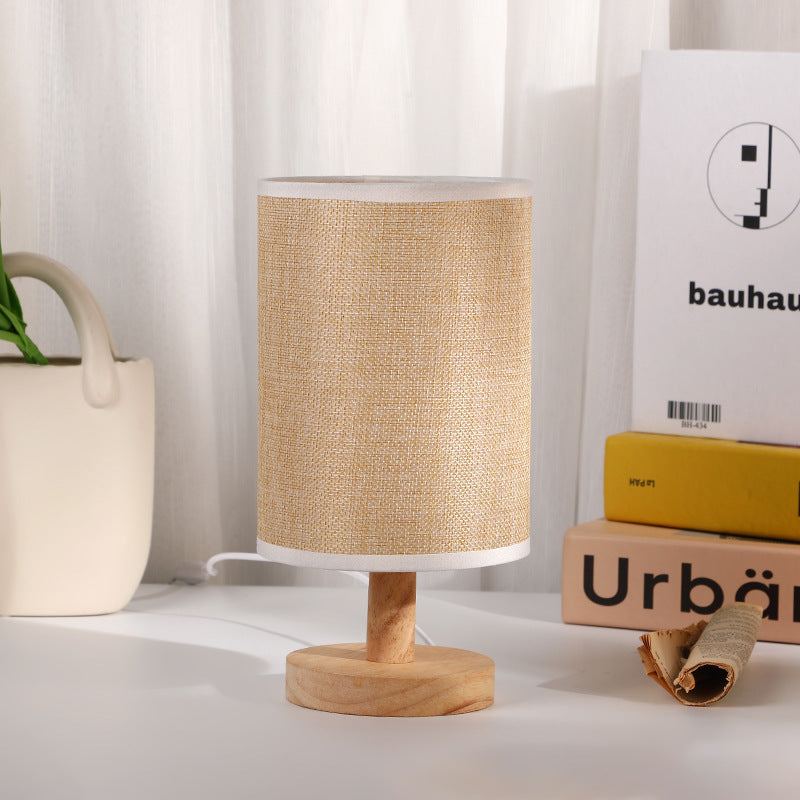 Modern Art Deco Cylindrical Wooden Base Fabric Shade LED Table Lamp For Bedroom