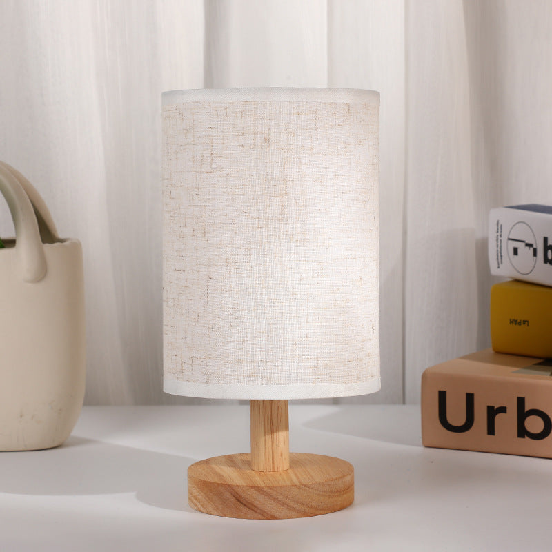 Modern Art Deco Cylindrical Wooden Base Fabric Shade LED Table Lamp For Bedroom