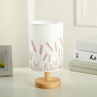 Modern Art Deco Cylindrical Wooden Base Fabric Shade LED Table Lamp For Bedroom