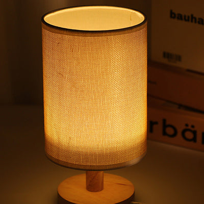 Modern Art Deco Cylindrical Wooden Base Fabric Shade LED Table Lamp For Bedroom