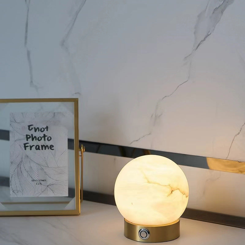 Traditional Chinese Square Globe Natural Marble LED Table Lamp For Living Room