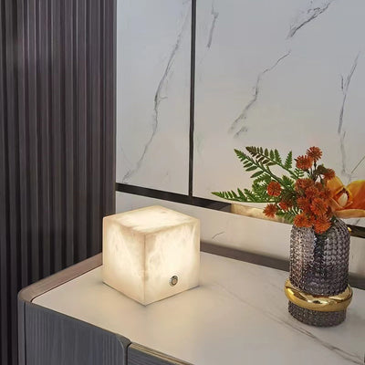 Traditional Chinese Square Globe Natural Marble LED Table Lamp For Living Room