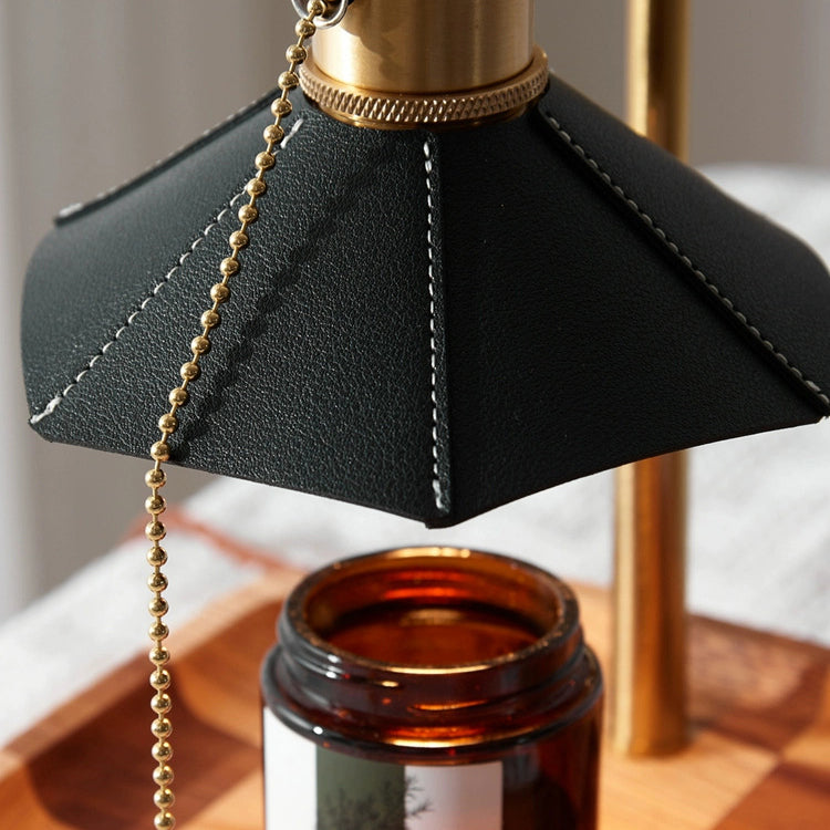 Contemporary Retro Hexagonal Umbrella Shape Wooden Base Brass Leather Shade 1-Light Aroma Melting Wax Table Lamp For Bedroom