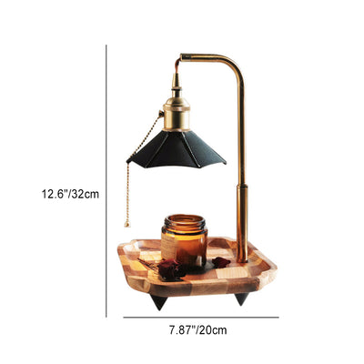 Contemporary Retro Hexagonal Umbrella Shape Wooden Base Brass Leather Shade 1-Light Aroma Melting Wax Table Lamp For Bedroom