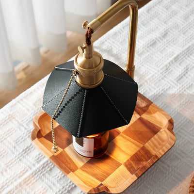 Contemporary Retro Hexagonal Umbrella Shape Wooden Base Brass Leather Shade 1-Light Aroma Melting Wax Table Lamp For Bedroom