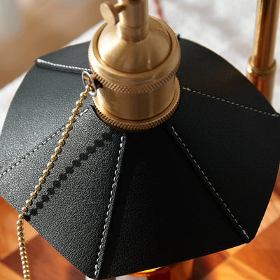 Contemporary Retro Hexagonal Umbrella Shape Wooden Base Brass Leather Shade 1-Light Aroma Melting Wax Table Lamp For Bedroom