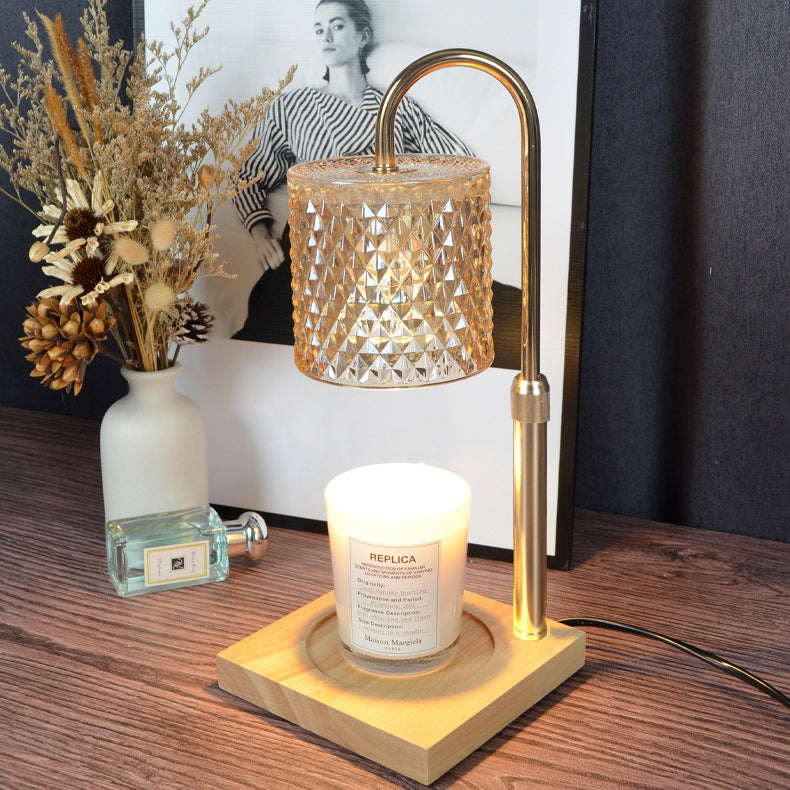 Contemporary Creative Square Wooden Base Cylinder Glass Shade Iron 1-Light Aromatherapy Melting Wax Table Lamp for Bedroom