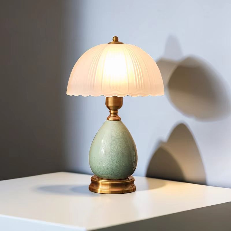 Contemporary Retro Oval Vase Ceramic Base Glass Shade 1-Light Table Lamp For Bedroom