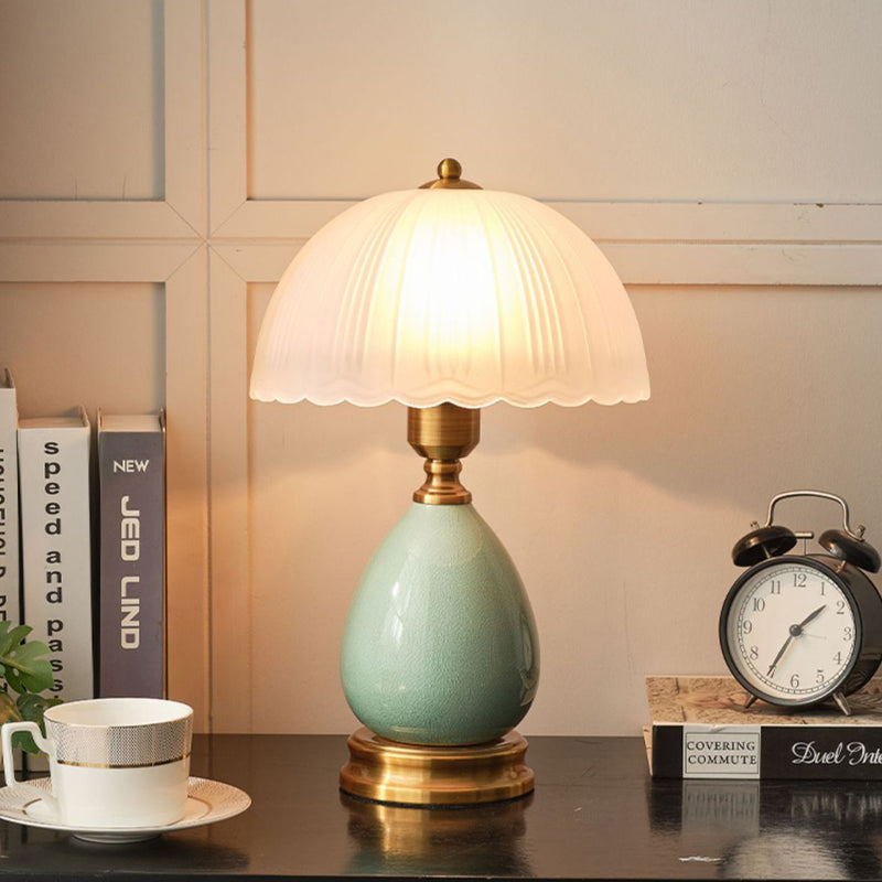 Contemporary Retro Oval Vase Ceramic Base Glass Shade 1-Light Table Lamp For Bedroom