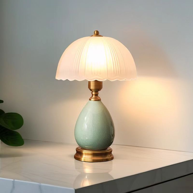 Contemporary Retro Oval Vase Ceramic Base Glass Shade 1-Light Table Lamp For Bedroom