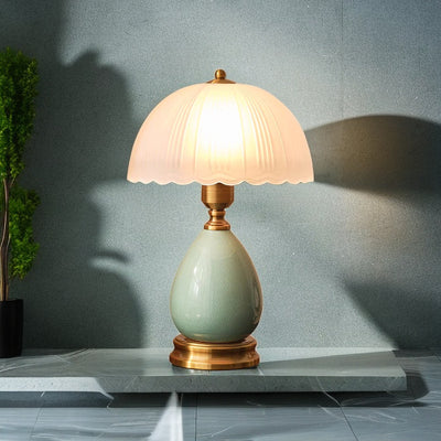 Contemporary Retro Oval Vase Ceramic Base Glass Shade 1-Light Table Lamp For Bedroom