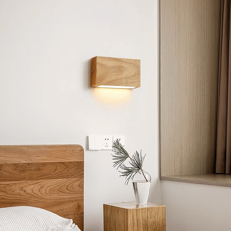 Modern Minimalist Rectangular Rubber Wood Acrylic LED Wall Sconce Lamp For Bedroom