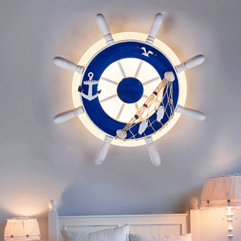 Contemporary Coastal Kids Round Rudder Resin Twine Acrylic LED Wall Sconce Lamp For Bedroom