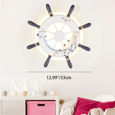 Contemporary Coastal Kids Round Rudder Resin Twine Acrylic LED Wall Sconce Lamp For Bedroom