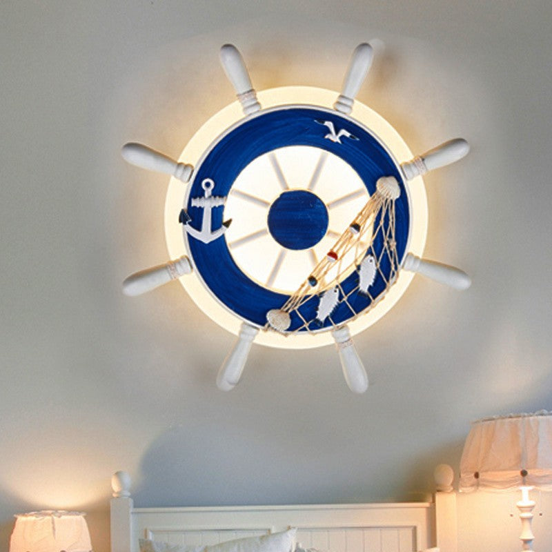 Contemporary Coastal Kids Round Rudder Resin Twine Acrylic LED Wall Sconce Lamp For Bedroom