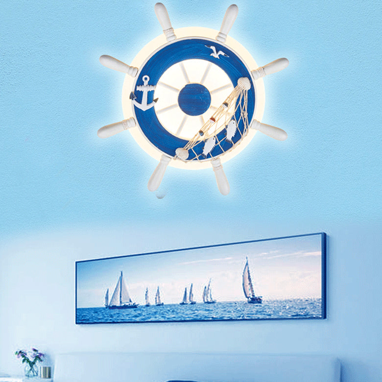 Contemporary Coastal Kids Round Rudder Resin Twine Acrylic LED Wall Sconce Lamp For Bedroom