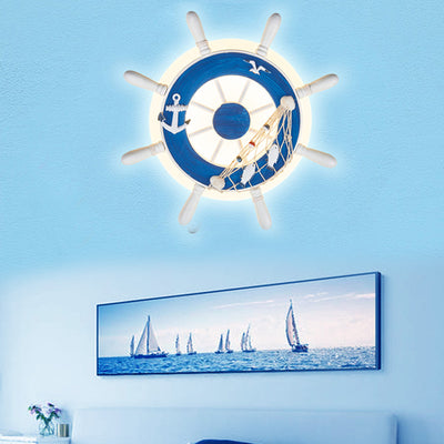 Contemporary Coastal Kids Round Rudder Resin Twine Acrylic LED Wall Sconce Lamp For Bedroom