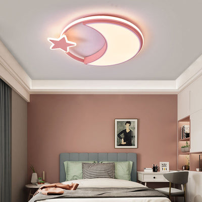 Modern Minimalist Kids Star Moon Round Iron Acrylic LED Flush Mount Ceiling Light For Bedroom